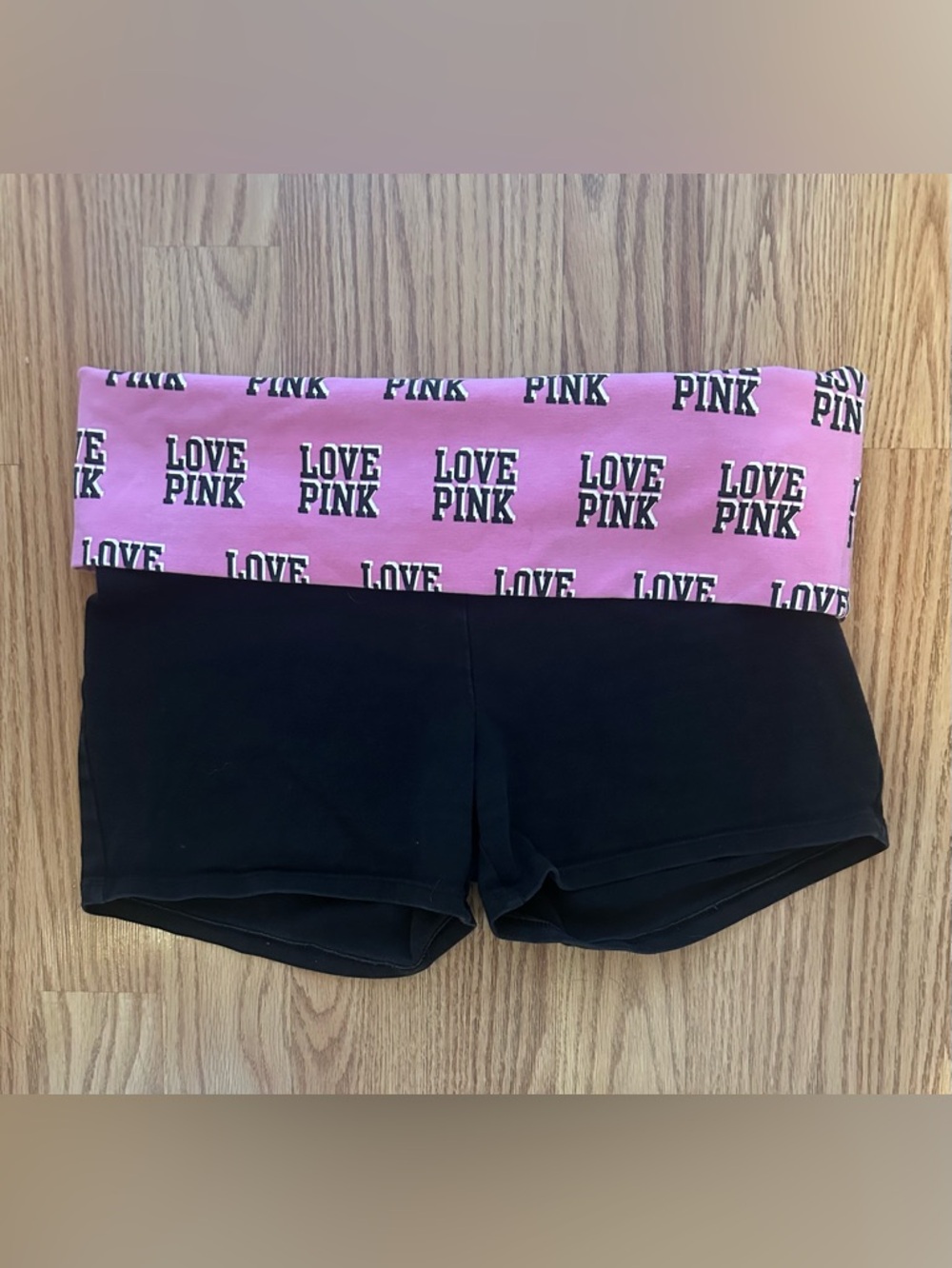 VS Pink Vintage Black and Pink Foldover Yoga Shorts S